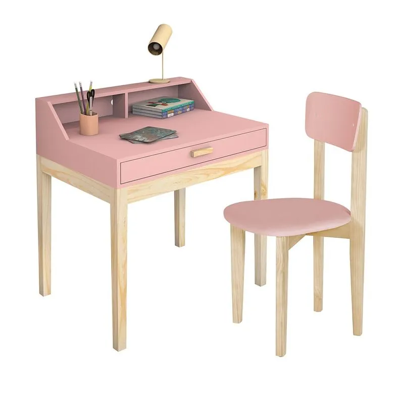 Escrivaninha Infantil Para Quarto Design Moderno Vintage em mdf Com Pés de Madeira Acompanha Cadeira Teen Rosa