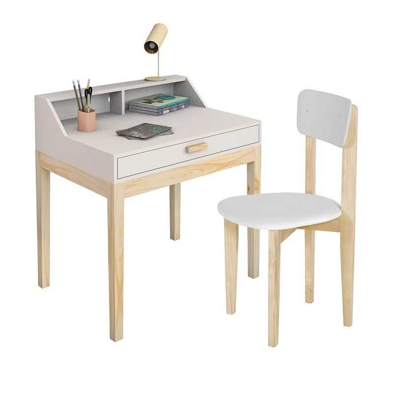 Escrivaninha Infantil Com Cadeirinha Mdf Com Pés De Madeira Rustica Cor Branco