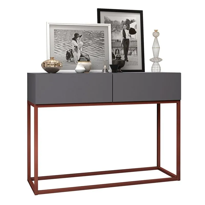 Aparador Buffet Hall De Entrada Luxo Eros 02 Gavetas 90cm Cinza Com Cobre