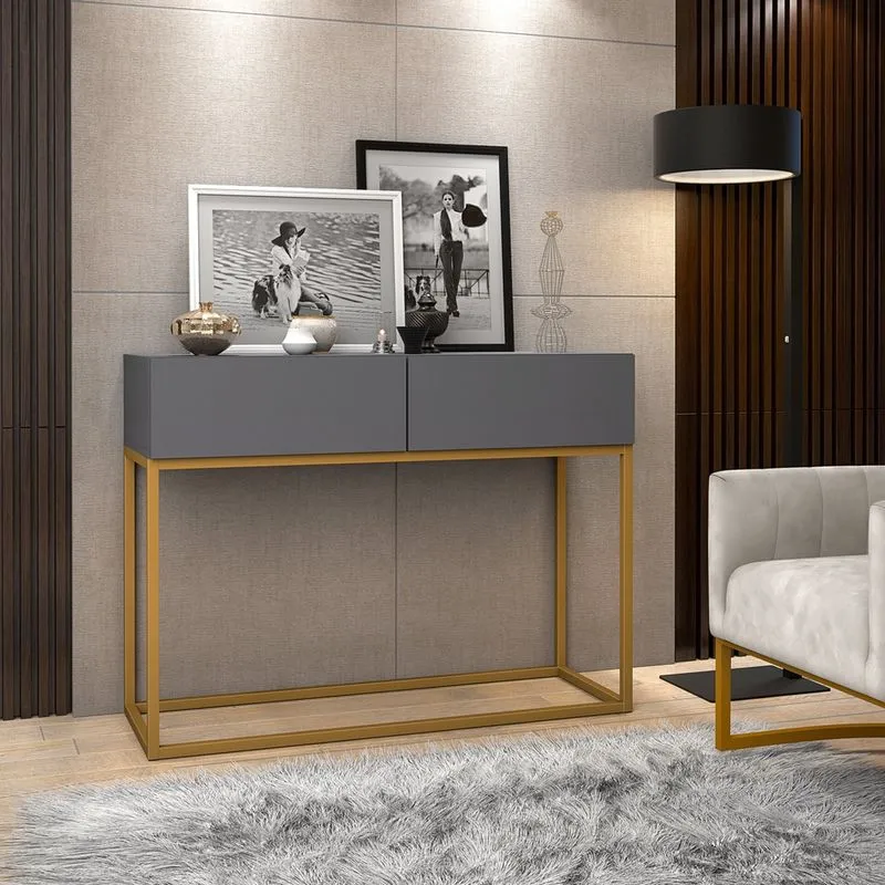 Aparador Eros Cinza 90cm Estilo Industrial 2 Gavetas Pés de Ferro Dourado