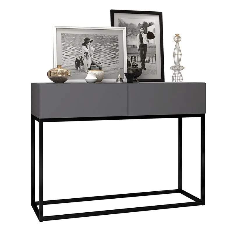 Aparador Eros Cinza 90cm Estilo Industrial 2 Gavetas Pés de Ferro Preto