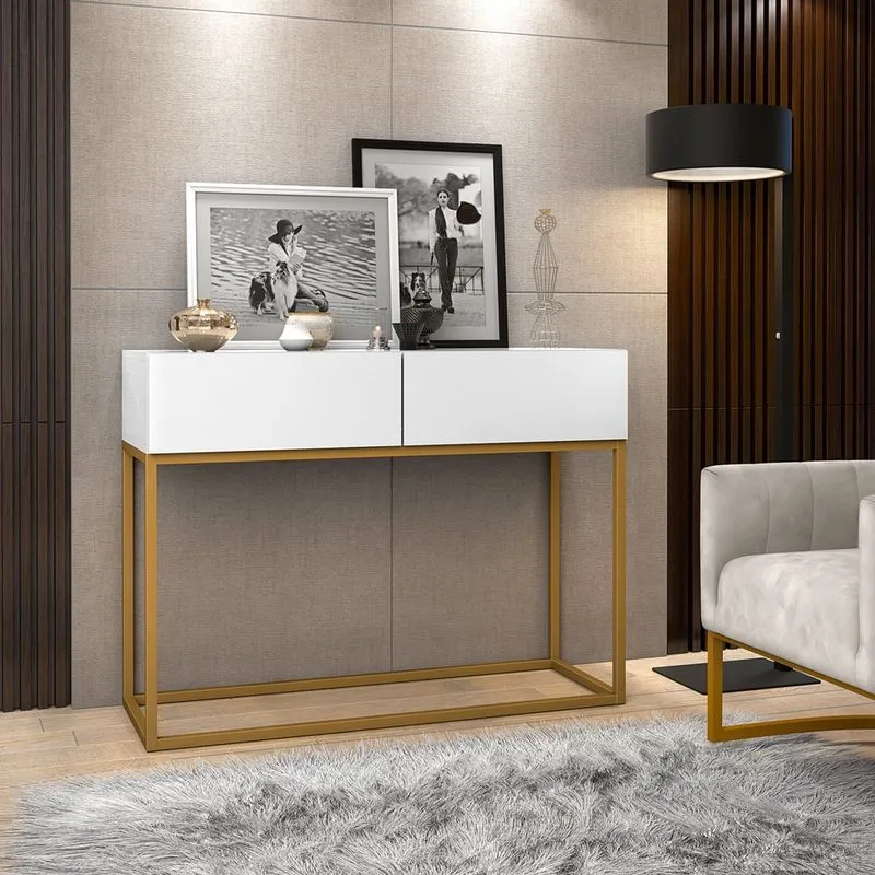 Aparador Eros Branco 90cm Estilo Industrial 2 Gavetas Pés de Ferro Dourado