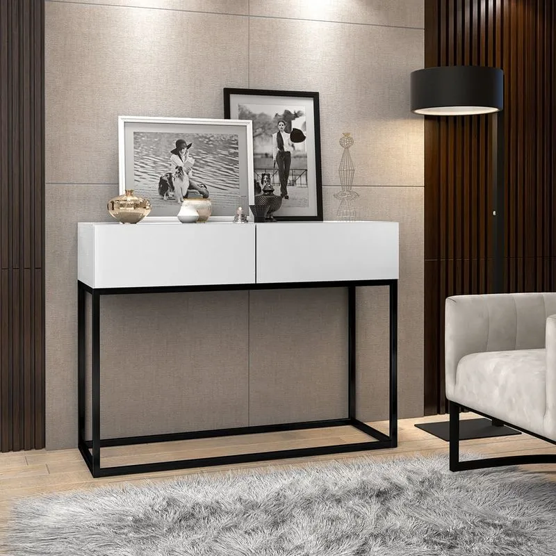 Aparador Eros Branco 90cm Estilo Industrial 2 Gavetas Pés de Ferro Preto