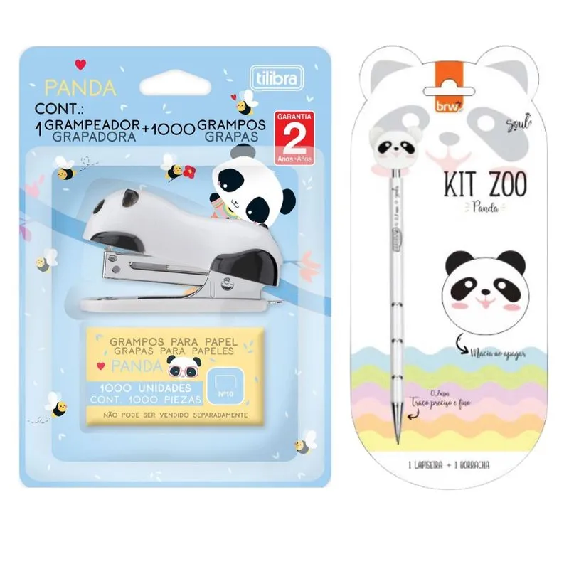 Kit Escolar Panda Lapiseira e Borracha + Grampeador e Grampo