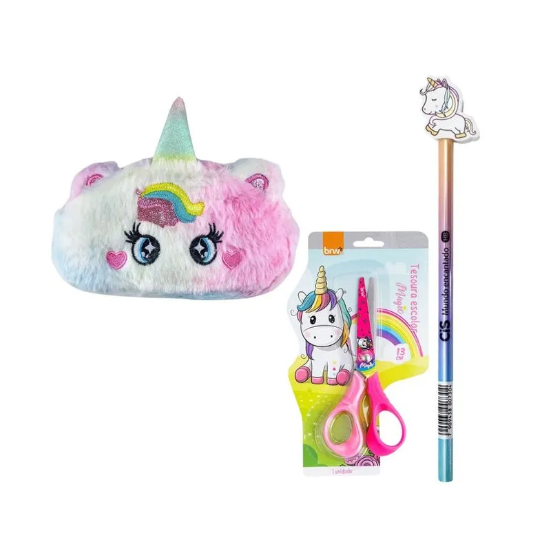 Kit Unicornio 1 Estojo Escolar Pelúcia + 1 Lápis + 1 Tesoura