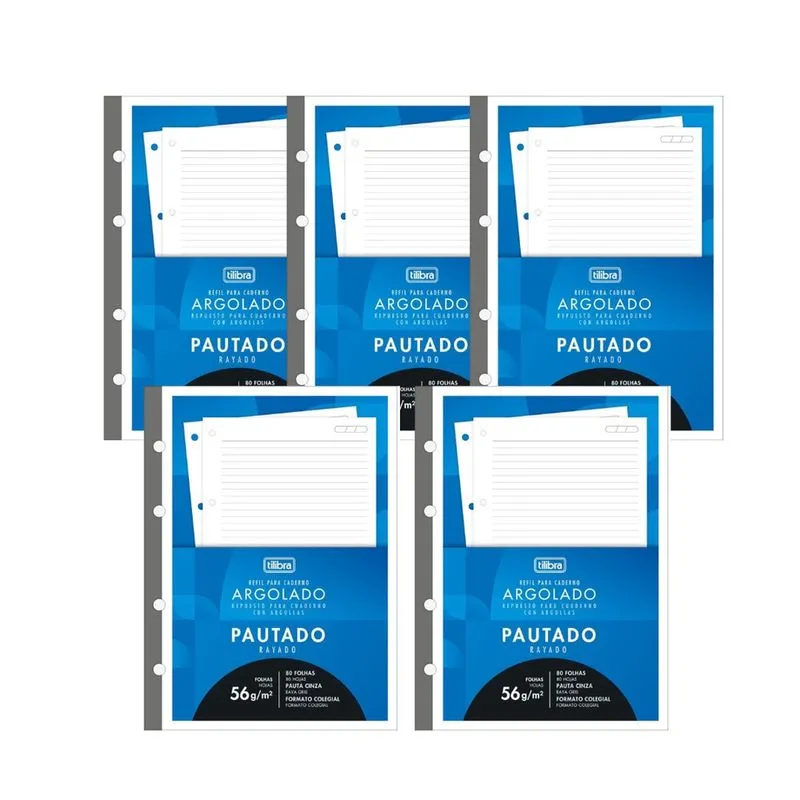 Kit 05 Refil Caderno Argolado Fichário Tiliflex Tarjado Lumi Universitário Académie 96 Folhas Tilibra