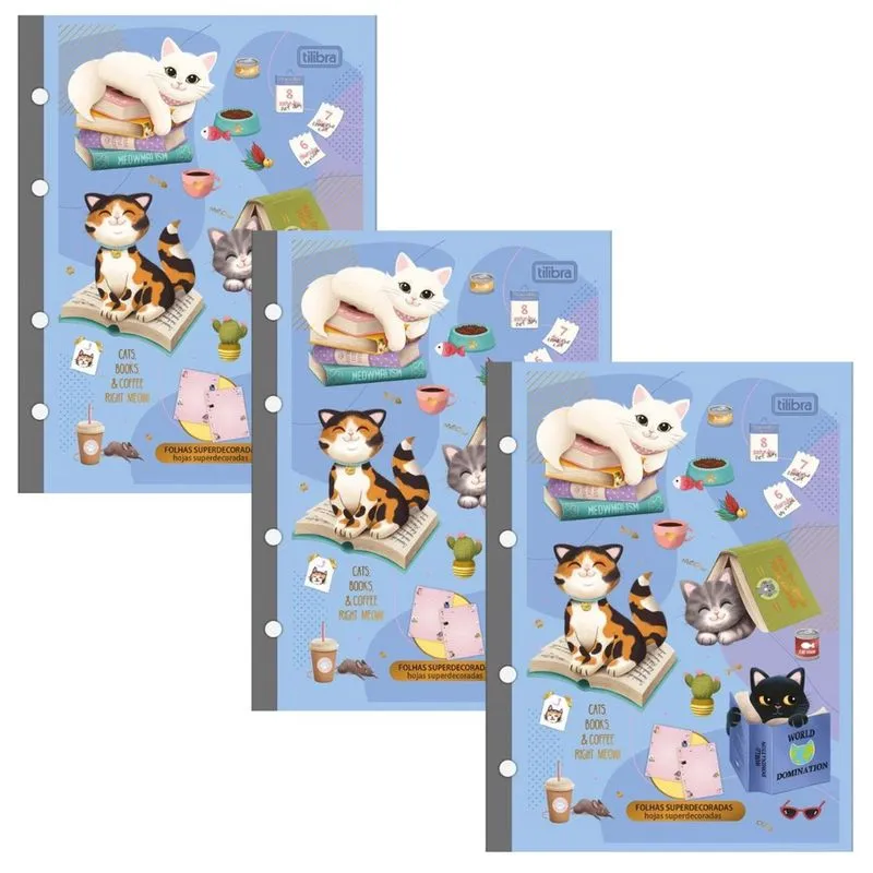 Kit 03 Refil Caderno Argolado Fichário (colegial) 17,7 x 24cm Purrfect Cats Tiliflex 80 Folhas Tilibra
