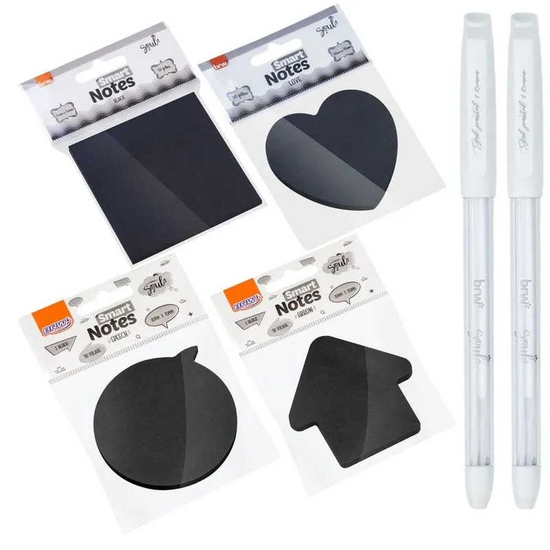 Kit 04 Blocos Adesivo Preto 70x70mm 50 Folhas + 02 Caneta Branca Gel 1.0mm brw