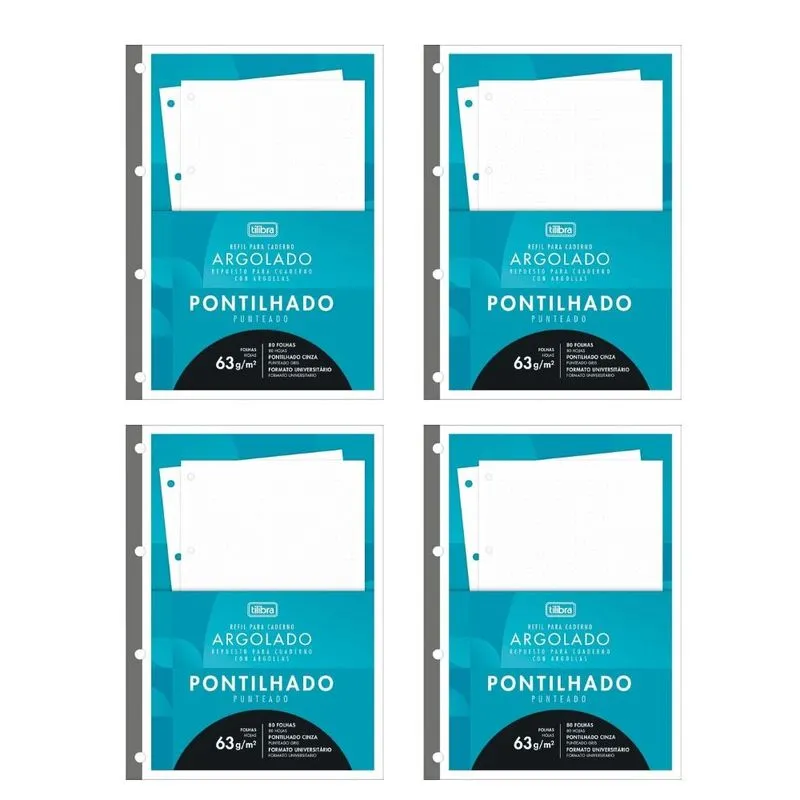 Kit 04 Refil Caderno Argolado e Fichário Pontilhado Tiliflex 80 Folhas Tilibra