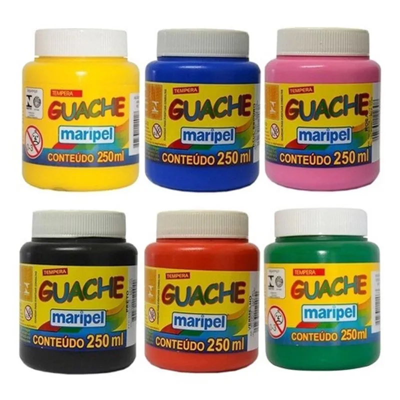 Kit 6 Cores Básicas de Tinta Guache 250ml - Maripel Escolar Artesanato