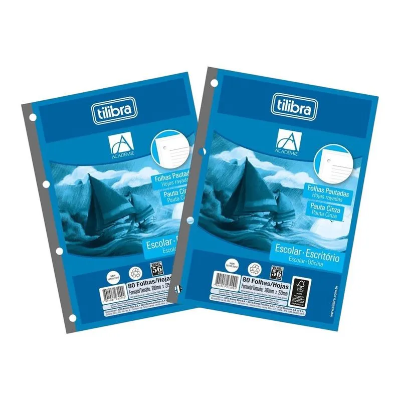 Kit 02 Refil Caderno Argolado Fichário Tiliflex Universitário Pautado Académie 80 Folhas Tilibra