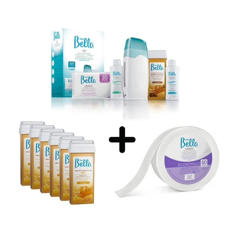 Kit Depilação + 6 Ceras Refil + Rolo 50mts Lenço Depil Bella
