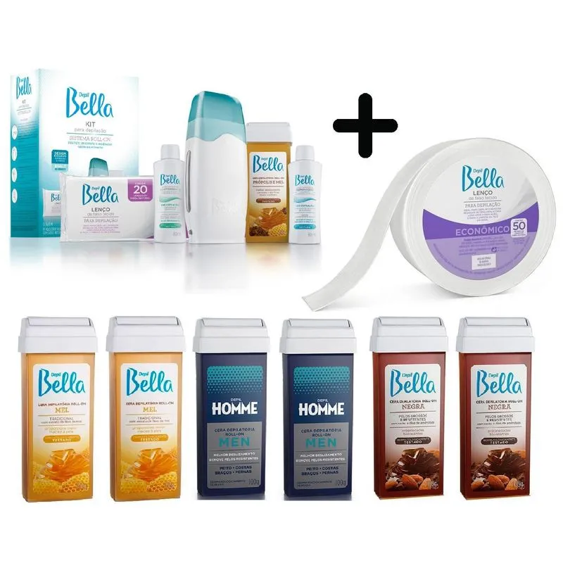 Kit Depilação + 6 Ceras Variadas + Rolo Lenço Depil Bella