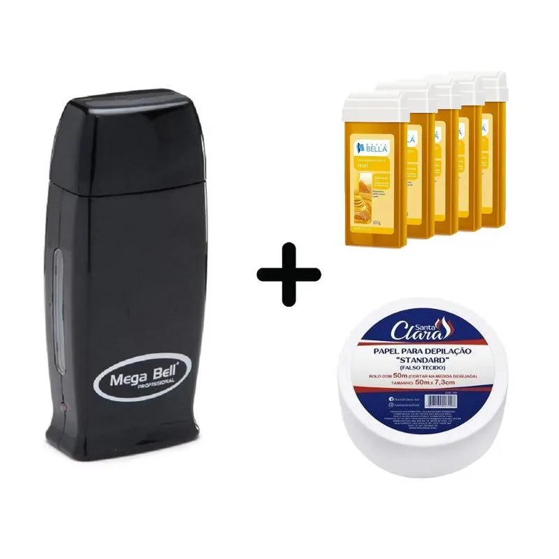 Roll On Mega Bell Depilação + 5 Ceras Refil + Papel Perlon