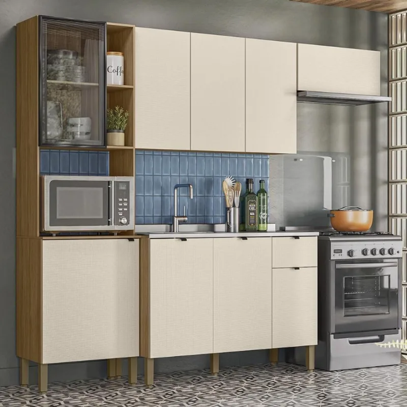 Armário De Cozinha Completa Com Balcão Para Pia Mdf 9 Portas Vert Plus Freijó-soft