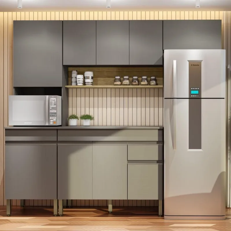 Armário De Cozinha Completa 120 Com Balcão Com Tampo 9 Portas Line Freijó-gris