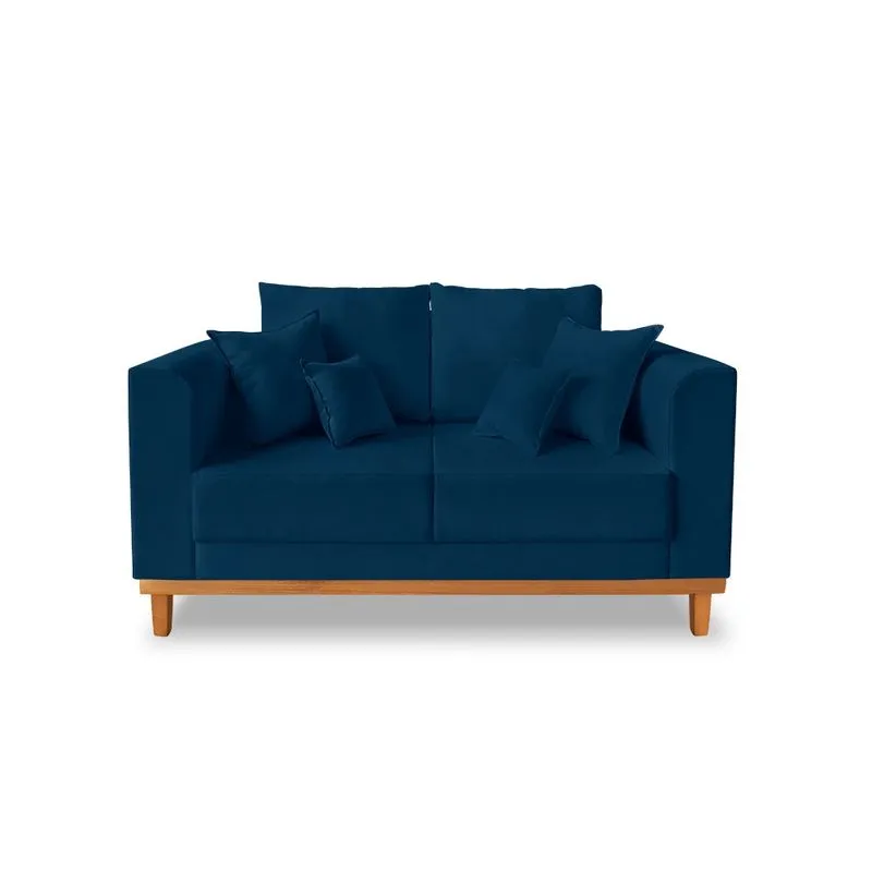 Sofá Moderno Viena 02 Lugares Com Almofadas Decorativa Linho Azul - Madeira Prima Deccor