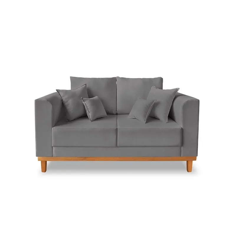 Sofá Namoradeira Viena 02 Lugares Com Base de Madeira Suede Cinza - Madeira Prima Deccor