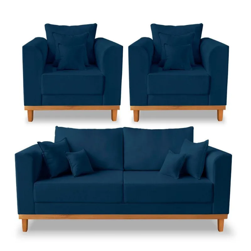 Kit Sofá 3 Lugares E 2 Poltronas Beny Viena Linho Azul