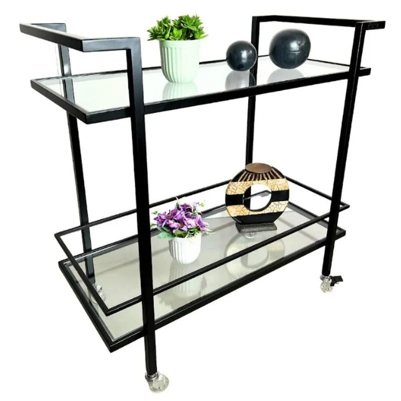 Carrinho Decorativo Multiuso Industrial Preto Com 2 Prateleiras Em Vidro Incolor