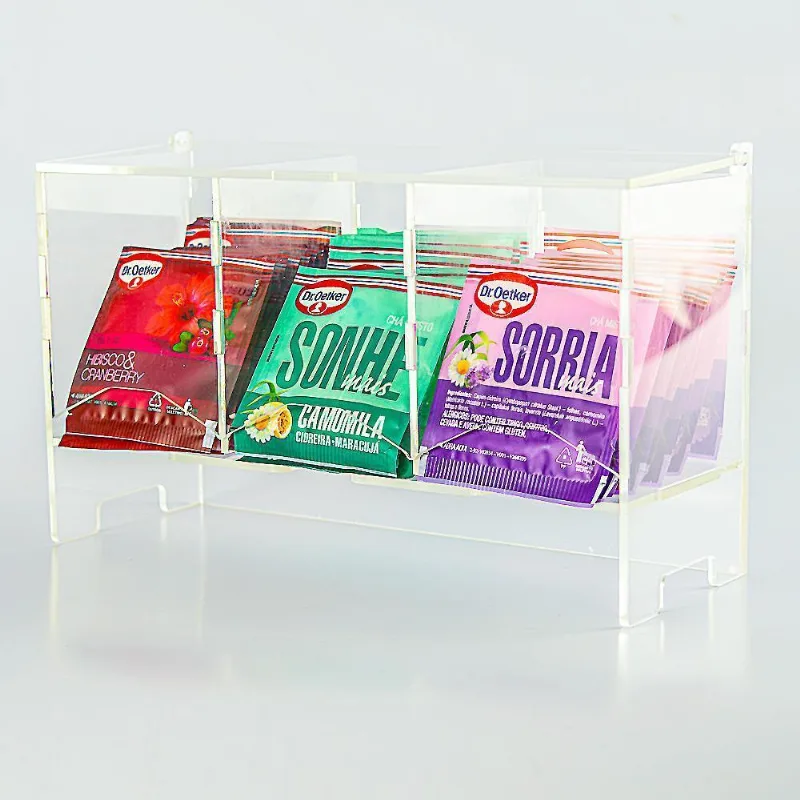 Porta Chá Acrílico 3 Divisórias Transparente 24x8,5x13,5cm