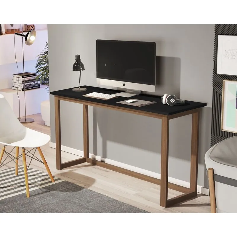 Mesa estudo compacta para quarto preto 120CM com pés em madeira natural.