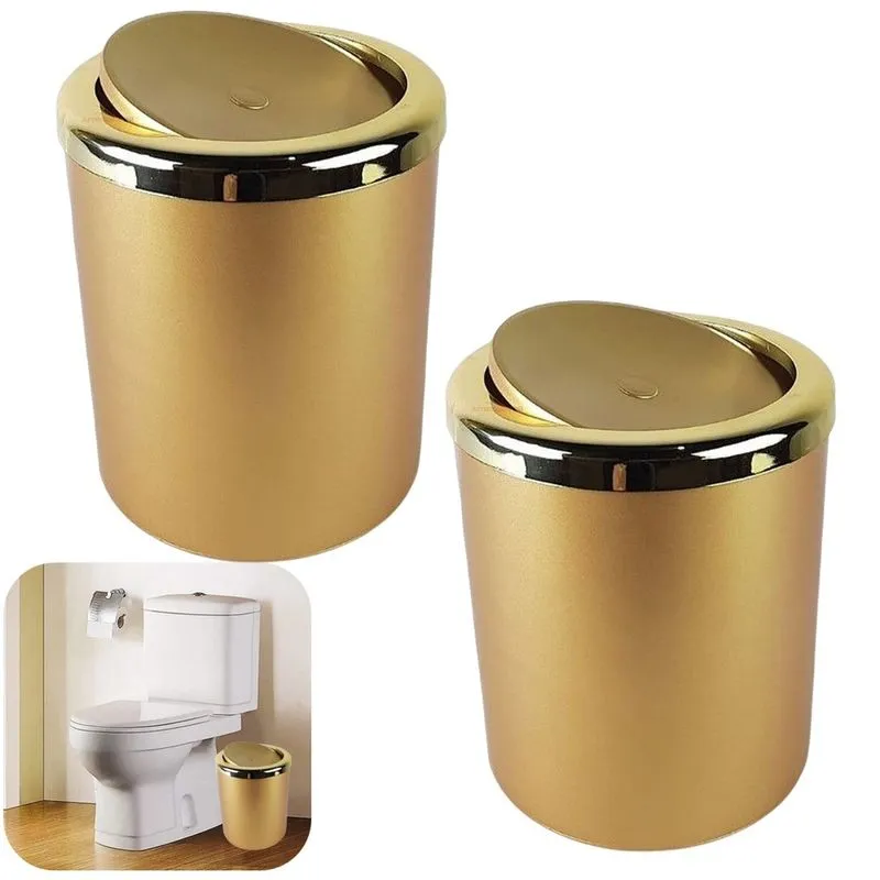 Kit 2 Lixeira 5 Litros Tampa Basculante Redonda Cesto Lixo Plástico Dourado Banheiro amz