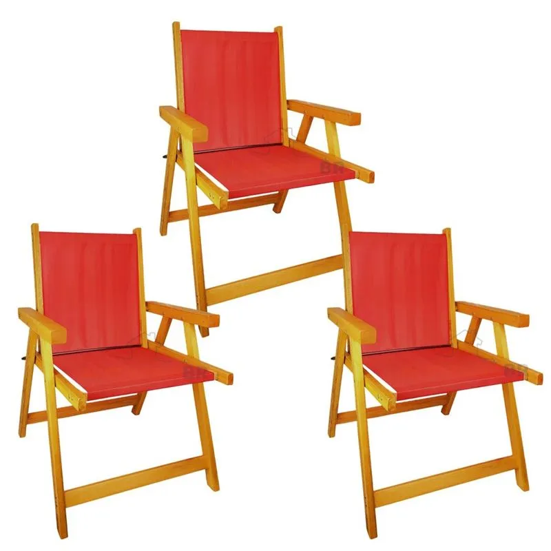 Kit 3 Cadeira De Madeira Dobrável Para Lazer Jardim Praia Piscina Camping Vermelho - amz