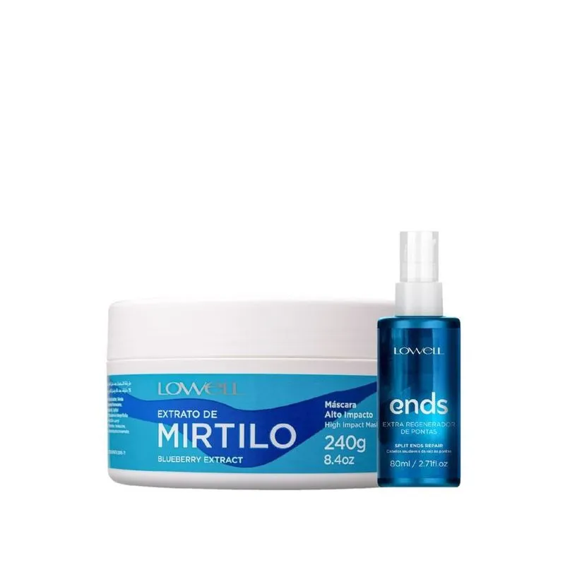 Kit Lowell Extrato de Mirtilo Regeneração Extra de Pontas Máscara Capilar 240g e Regenerador 100ml Kit Lowell Extrato de Mirtilo Regeneração Extra Máscara 240g e Regenerador 100ml