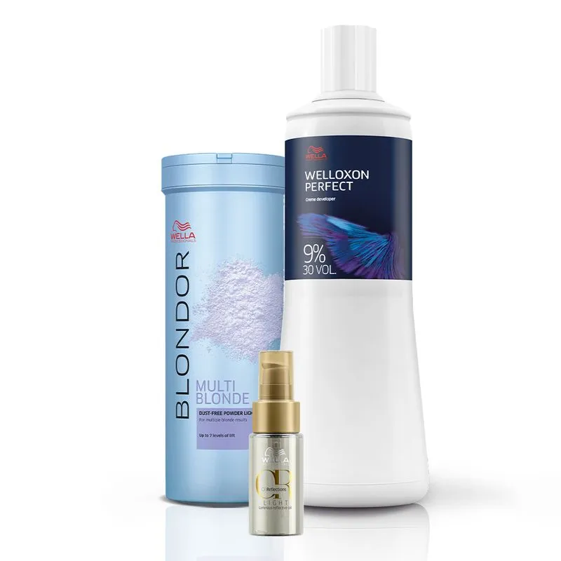 Kit Wella Blondor Pó Descolorante 400g + Oxidante 9% 30V + Oil Reflections Light 30ml (3 produtos)