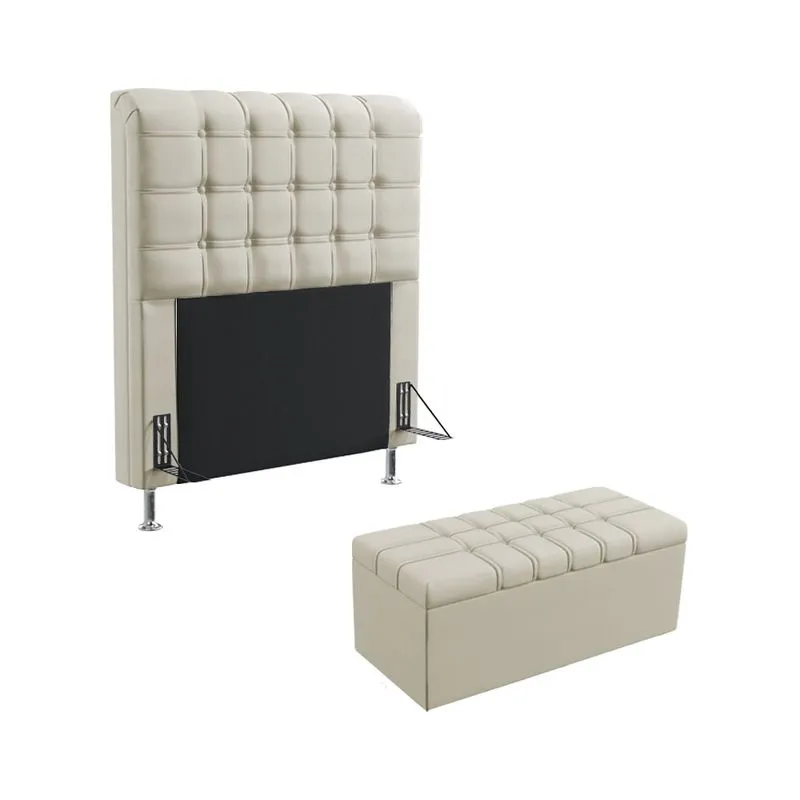 Kit Cabeceira Dama 90 Solteiro e Calçadeira Alpha Z-003 Sued Bege Aradecor