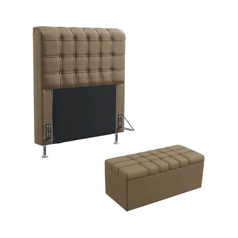 Kit Cabeceira Dama 90 Solteiro e Calçadeira Alpha Z-006 Sued Capuccino Aradecor