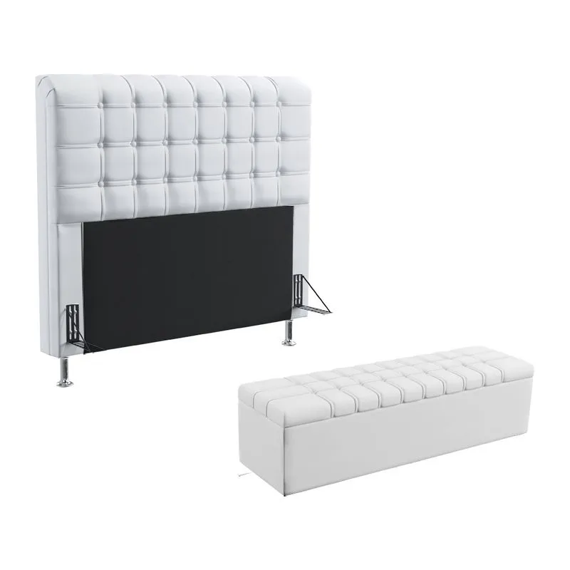 Kit Cabeceira Dama 195 King e Calçadeira Alpha A-013 Couro Artificial Branco Aradecor