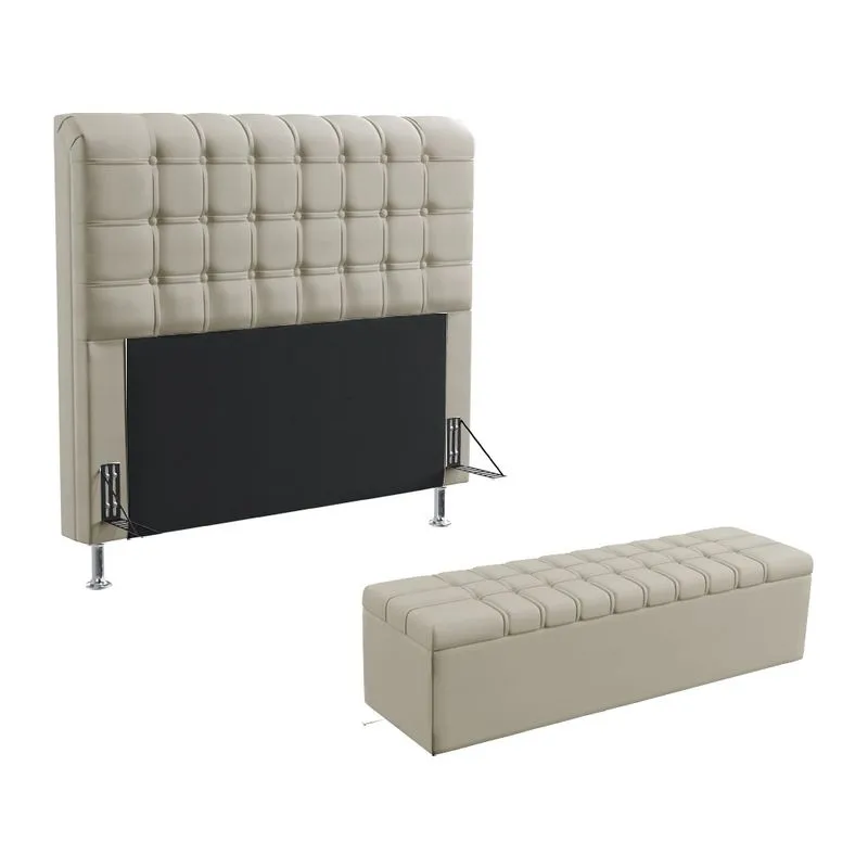Kit Cabeceira Dama 195 King Decorativa e Calçadeira Alpha A-017 Couro Artificial Bege Aradecor