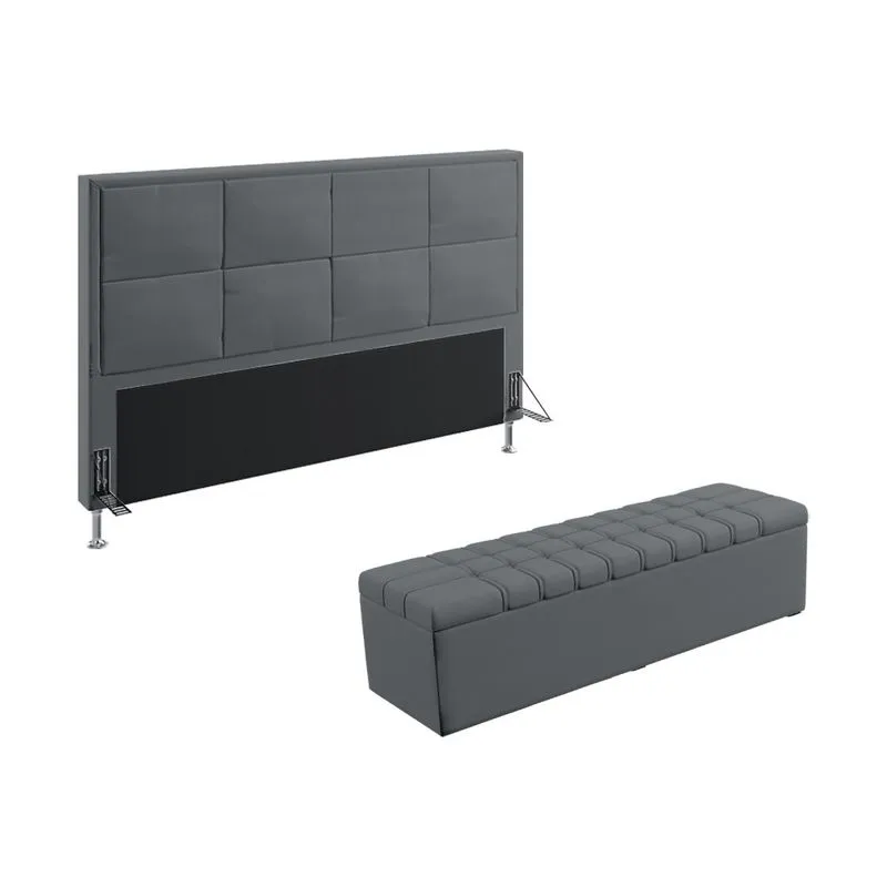 Kit Cabeceira Maia 195 King e Calçadeira Alpha Z-008 Sued Cinza Aradecor