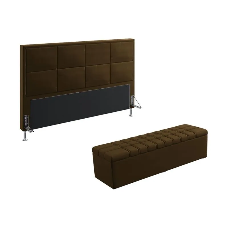 Kit Cabeceira Maia 195 Para Cama Box King e Calçadeira Alpha N-027 Veludo Marrom Chocolate Aradecor