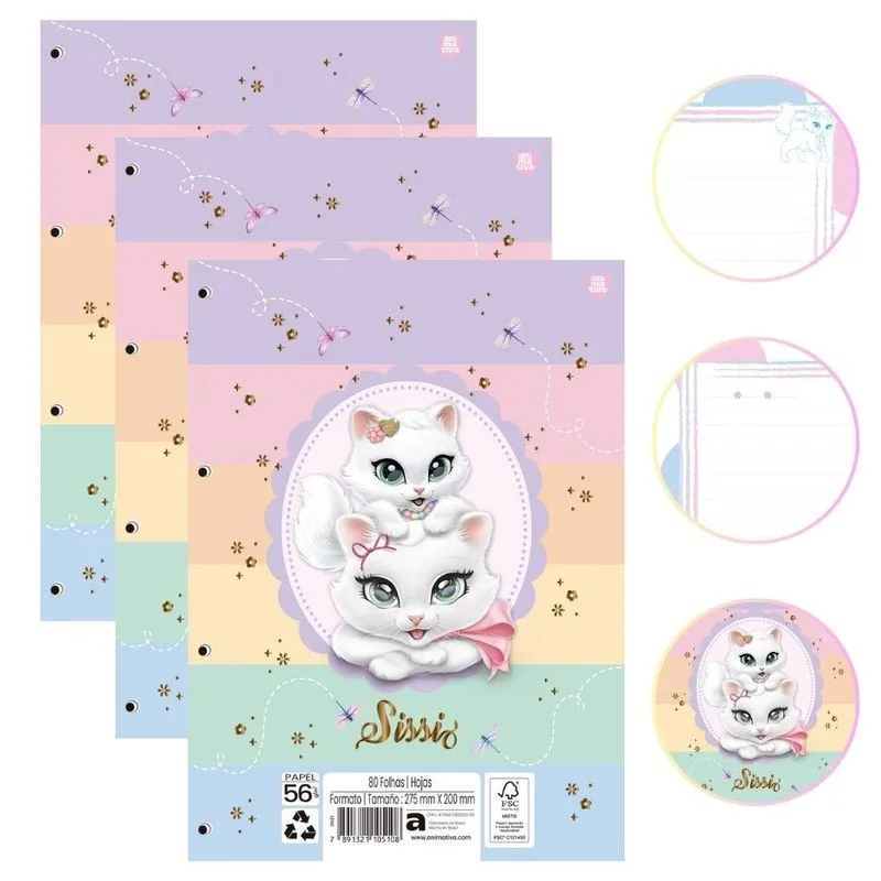 Kit 03 Blocos de Folhas Para Fichário Caderno Argolado Gatinha sissi Decorado 80 Folhas Animativa