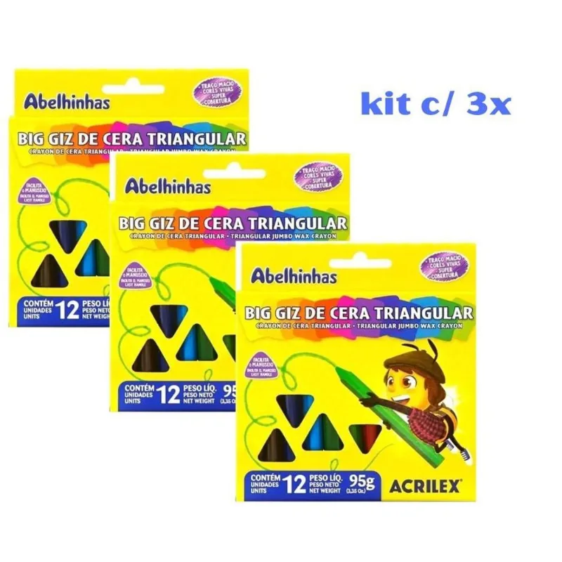 Kit 03 Giz De Cera Big Triangular Gizão Jumbo 12 Un. Acrilex