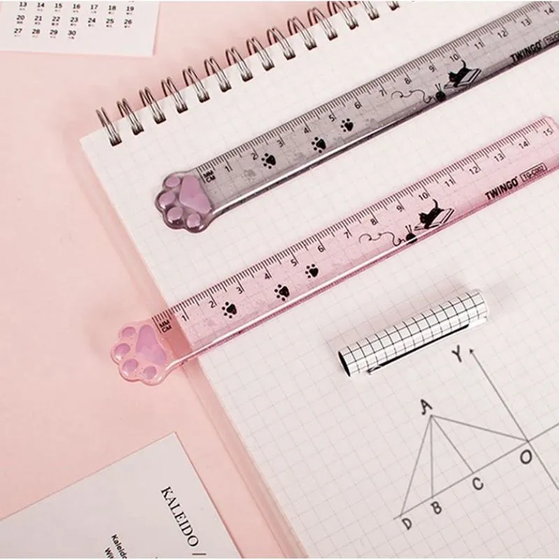 Régua 15cm Escolar Transparente com Glitter Patinha de Gato Rosa ou Cinza Fofa Cor á Escolher