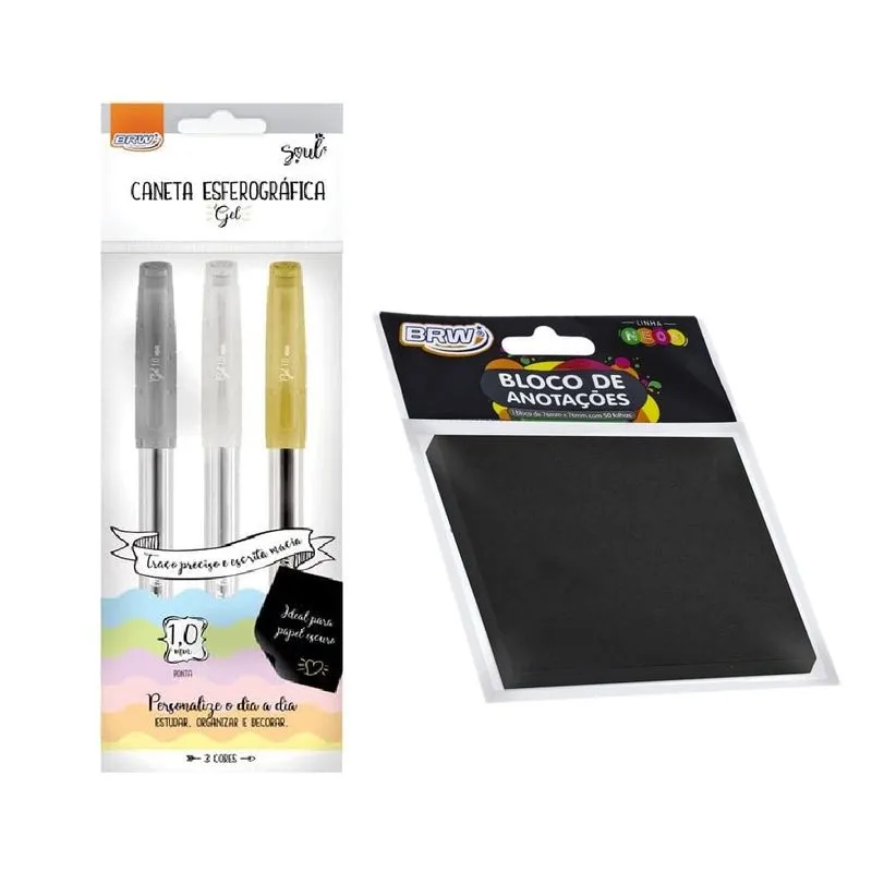 Bloco de Notas Preto 50 Fls + Caneta Gel 1.0 Blister c/ 3 Cores - brw