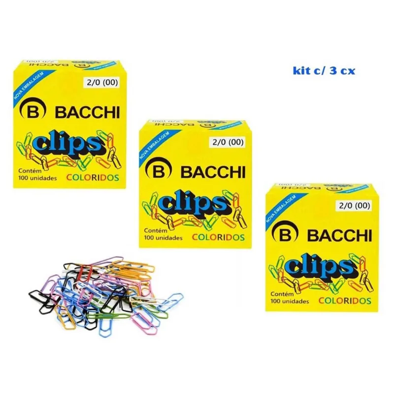 Clips 2/0 Colorido 3,2cm 100 Unidades Kit c/ 3 Caixas Bacchi