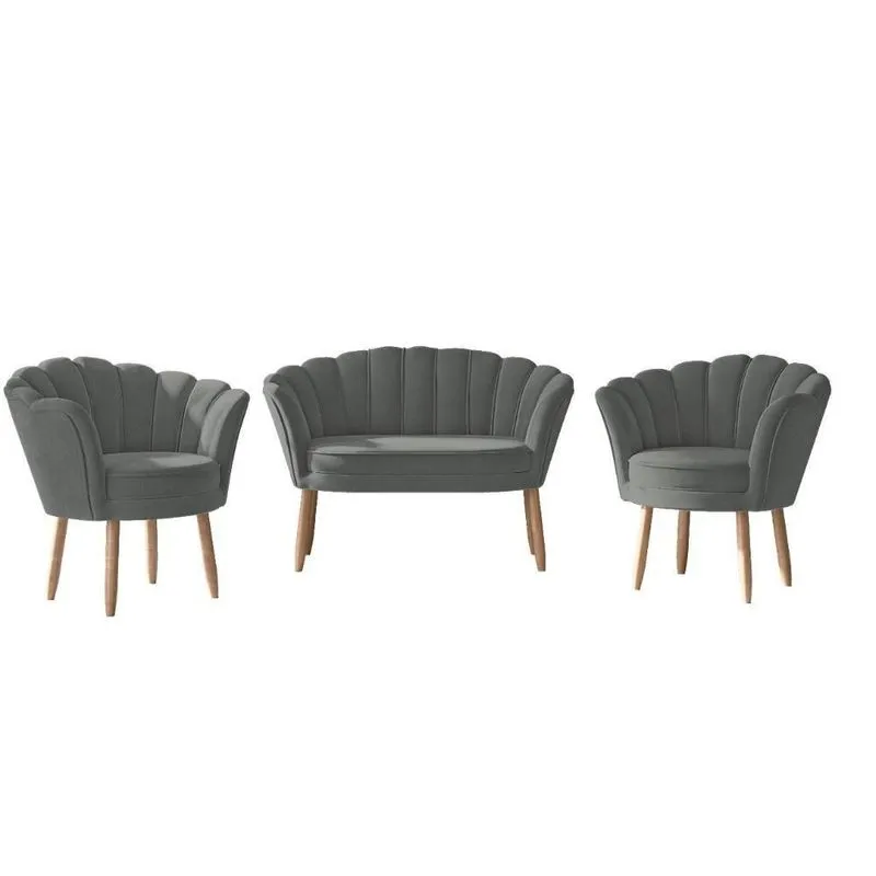 Sofá 2 Lugares+ 2 Poltronas Quarto Sala Decorativa Flor Cinza