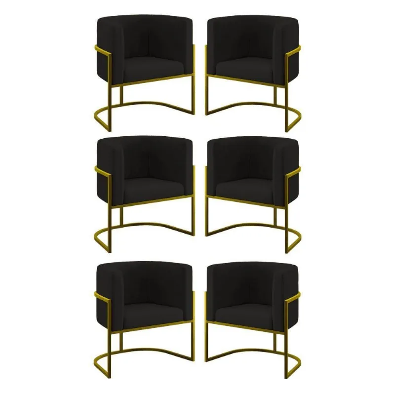 Kit 06 Poltronas Lua Sala Decorativa Base De Ferro Gold Preto