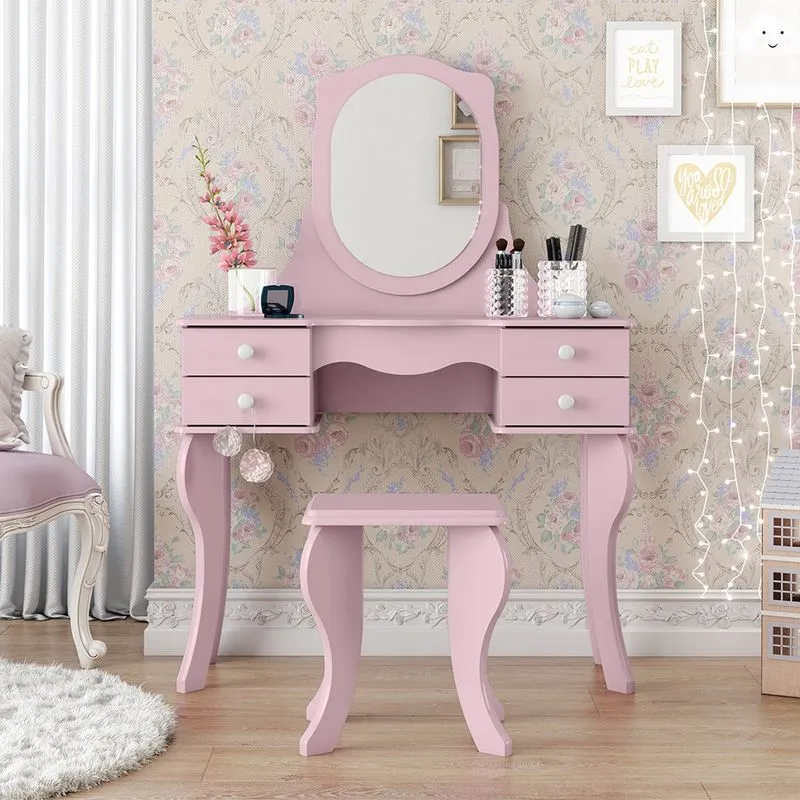 Penteadeira camarim estilo retro infantil rosa 4 gavetas espelho + banco