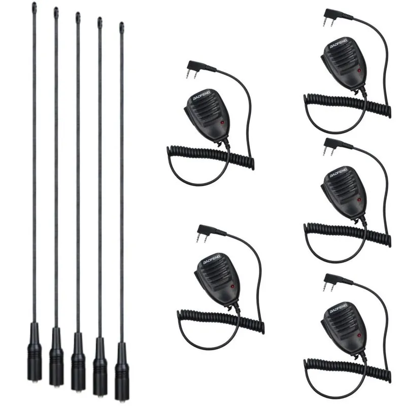 Kit 5 Microfone Ptt Para Walkie Talkie + 5 Antena Flexível Dual
