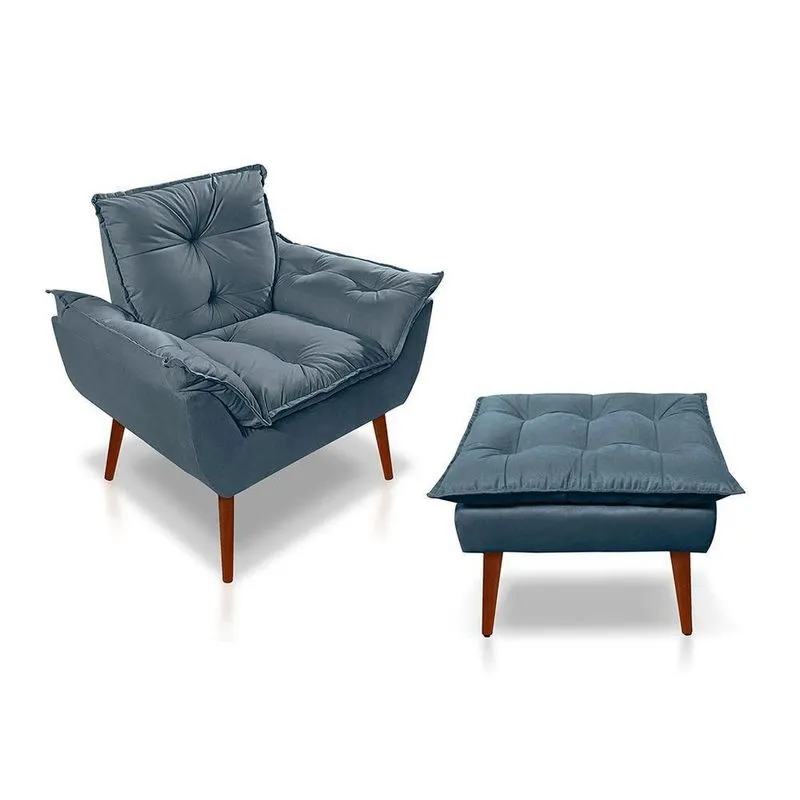 Kit C- 01 Poltrona Opala + 01 Puff Opala Elegante Suede Azul Turquesa