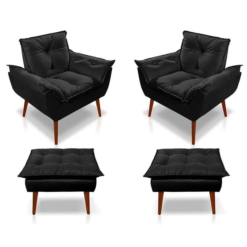 Kit C-02 Poltronas Opala + 02 Puff Opala Elegante Suede Preto