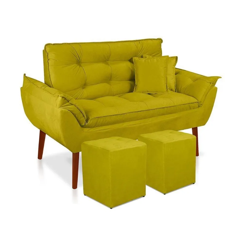 Kit 01 Namoradeira Opala 02 Puff Quadrado 02 Almofadas Amarelo