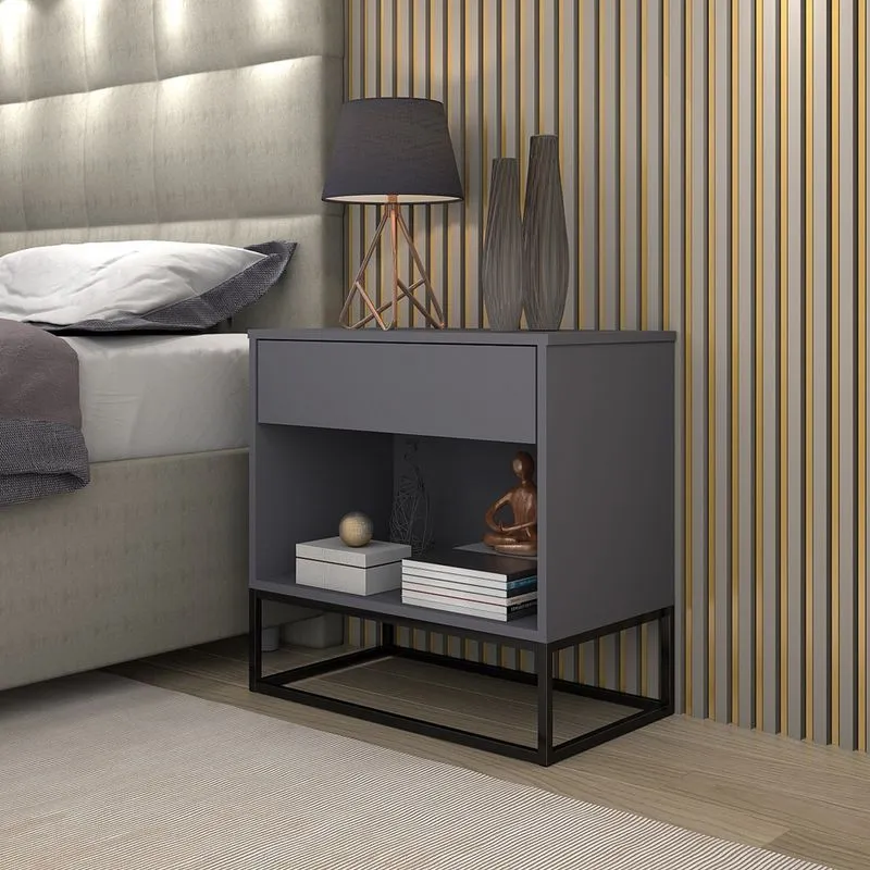 Criado Malta Cinza p/ Quarto Casal Base De Ferro Preto