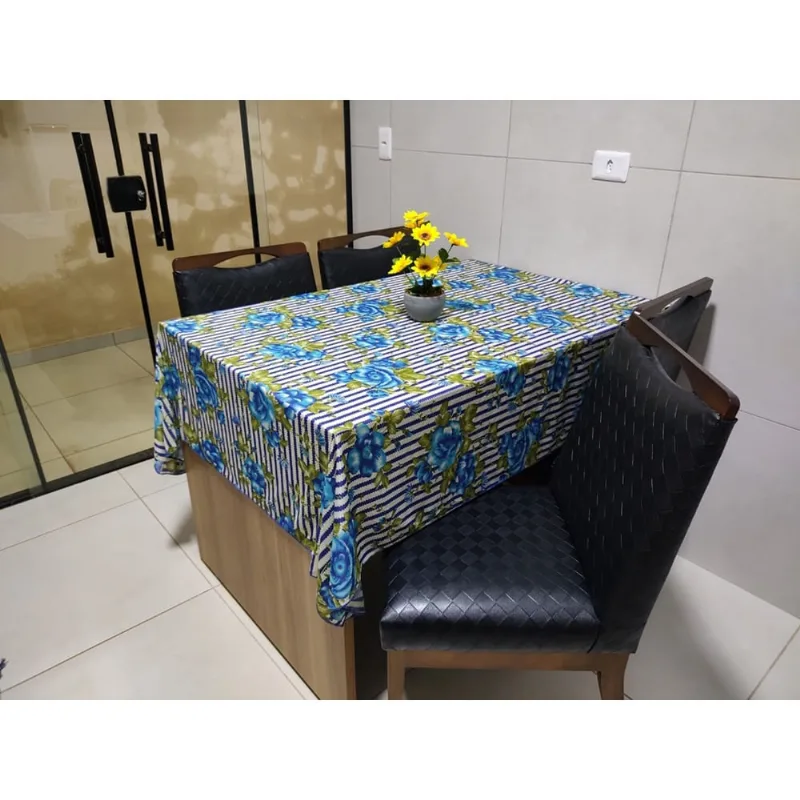 Toalha de Mesa de Cozinha Copa Sala de Jantar 12 Lugares 4,50m x 1,40m Malha Gel Estampa 3 Floral Azul
